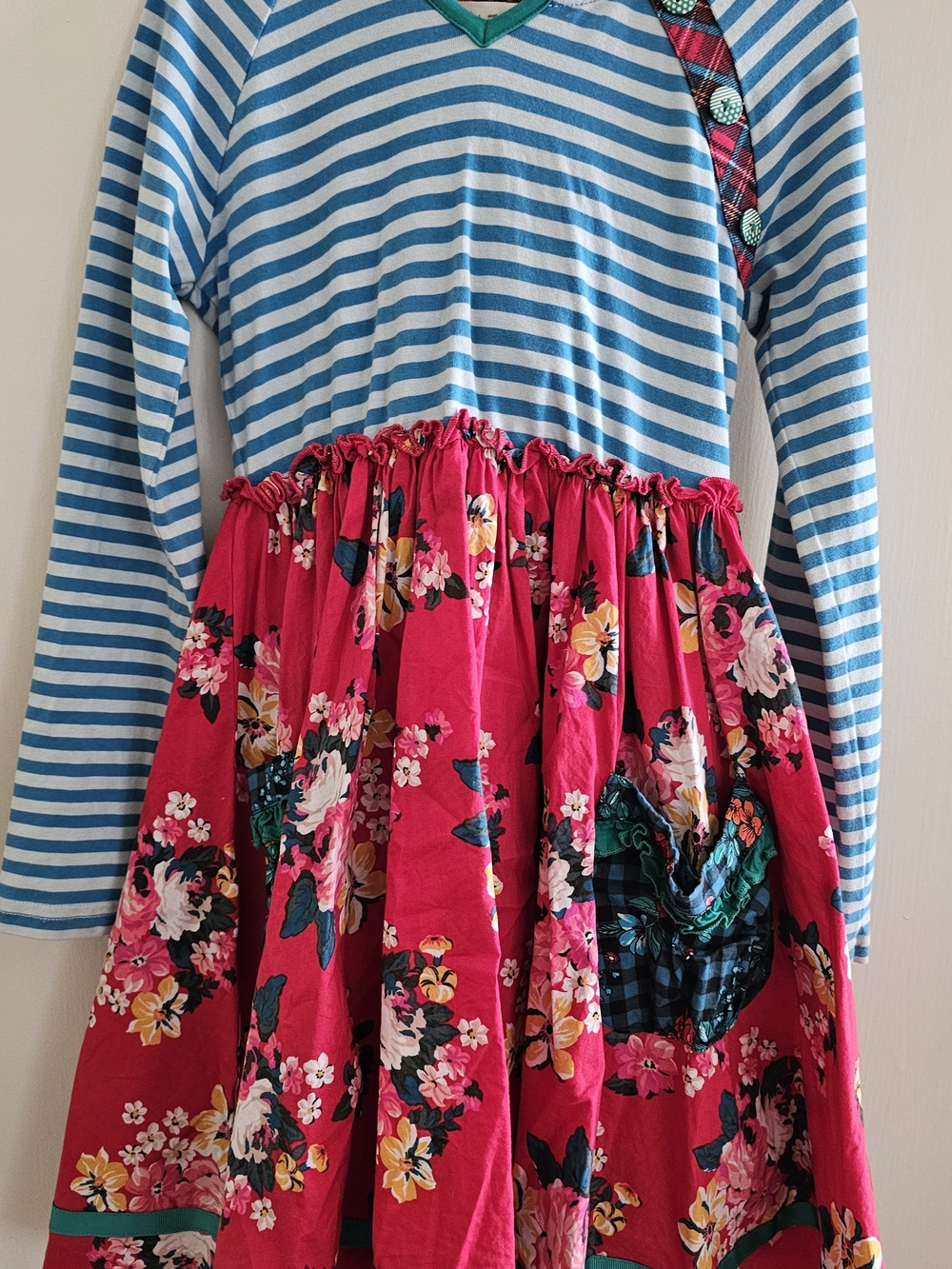 Girls' Striped Blue & Hot Pink Floral Dress